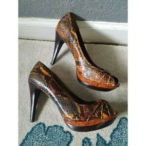 Snake Print Peep Toe Platform Heels